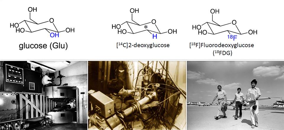 Вверху:  Стадии подбора ключа к гематоэнцефалическому барьеру для выполнения позитронно-эмиссионной томографии слева: формула глюкозы, роль которой как основного источника энергии клеток мозга Соколофф показал в 1957 году  в центре: формула дезоксиглюкозы, меченной углеродом-14 (не сработало) справа: формула 18F-ФДГ (18F-фтордезоксиглюкозы), важнейшего радиофармпрепарата для ПЭТ/КТ с 1976 года Внизу: Физическая стадия эксперимента 16 августа 1976 года слева: циклотрон Брукхейвенской национальной лаборатории, построен в 1939 году изобретателем циклотронов Эрнестом Лоуренсом – первый в мире циклотрон, использованный для нейтронной терапии в центре: постдок из Японии Тацуо Идо устанавливает на этот цилотрон неоновую мишень для получения фтора-18 путем бомбардировки ядер неона дейтронами справа: готовый препарат фтора-18 прибыл в аэропорт Филадельфии, 16 августа 1976 года