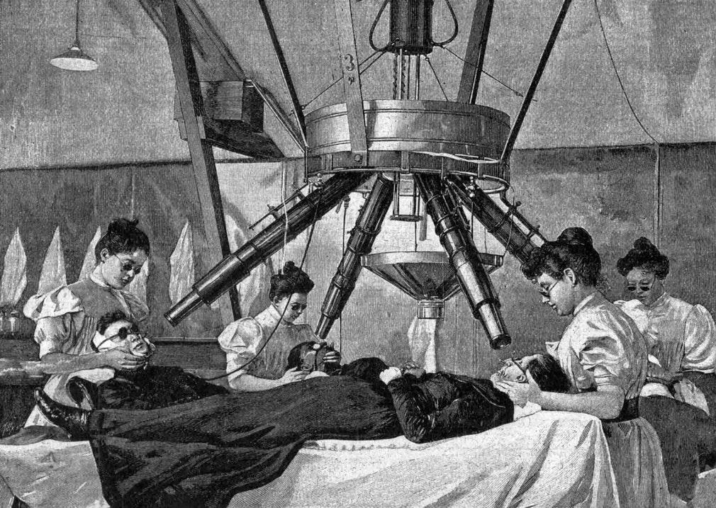 Лечение электрическим светом в институте профессора Финсена в Копенгагене, 1901 год.Изображение: Е. Тилли — Журнал «Нива», № 18, 1901 год