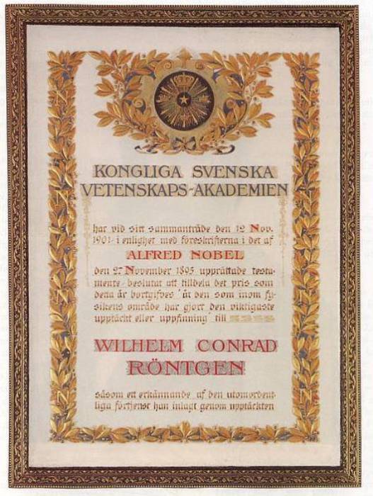 Сертификат о вручении Нобелевской премии по физике Вильгельму Рентгену, 1901 год. | Фото: uni-wuerzburg.de. Источник: http://www.kulturologia.ru/blogs/241017/36433/
